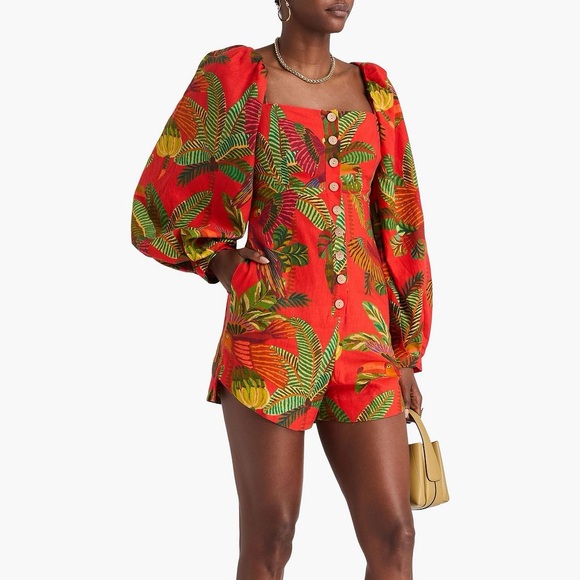 FARM Rio Red and Green Leaf Print Jumpsuit
